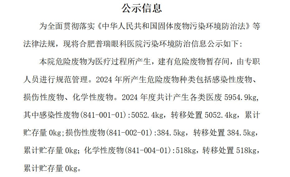 合肥普瑞眼科医院医疗废物产生及处置信息公示